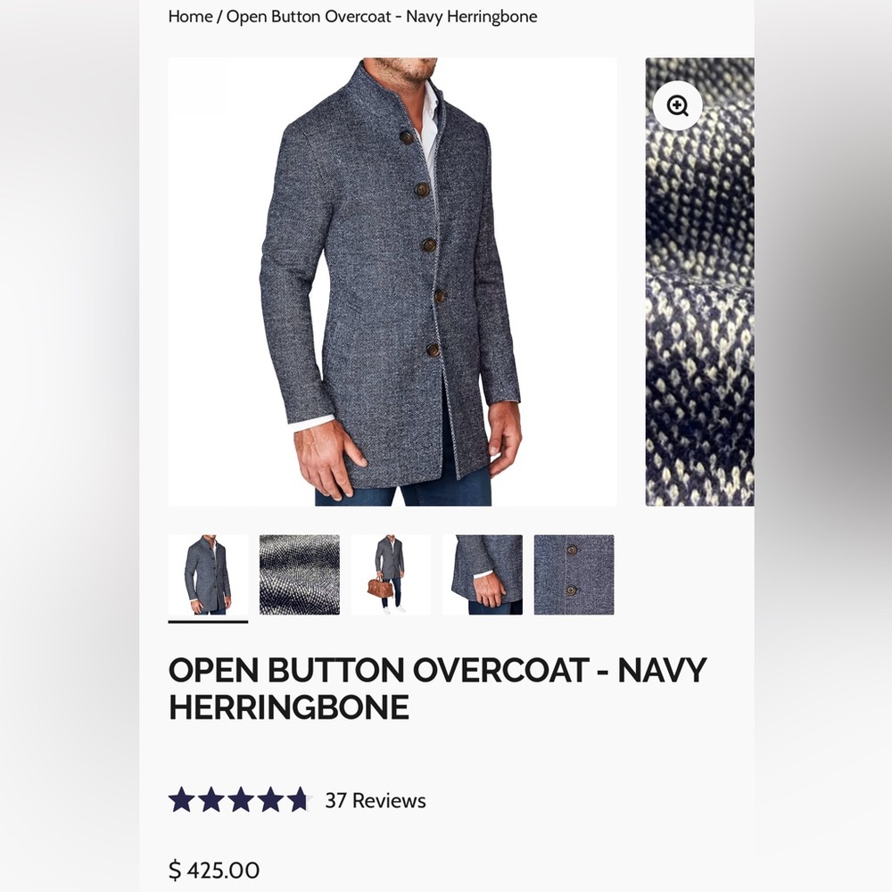 State & Liberty Men’s Wool & Stretch Cotton Overcoat - Navy Herringbone Size M